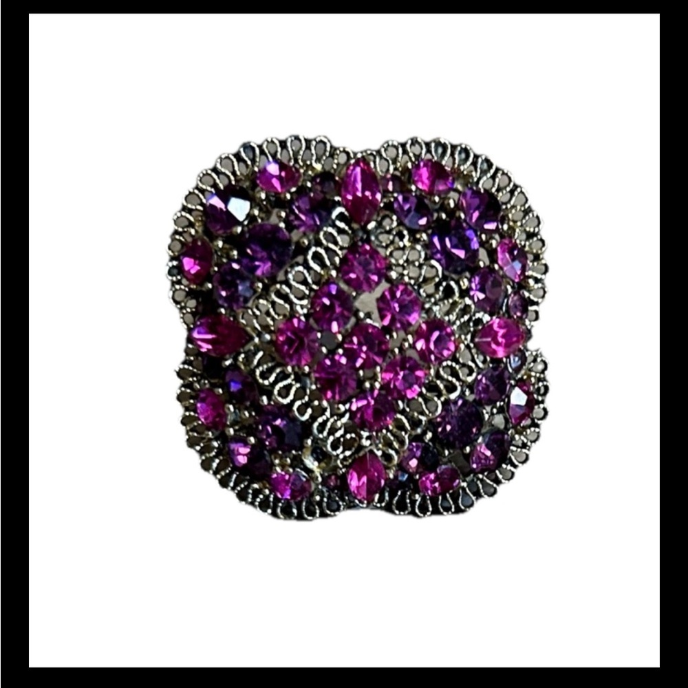 Vintage Brooch Pin Gold Tone Pink Rhinestone Domed Jewelry 2”
